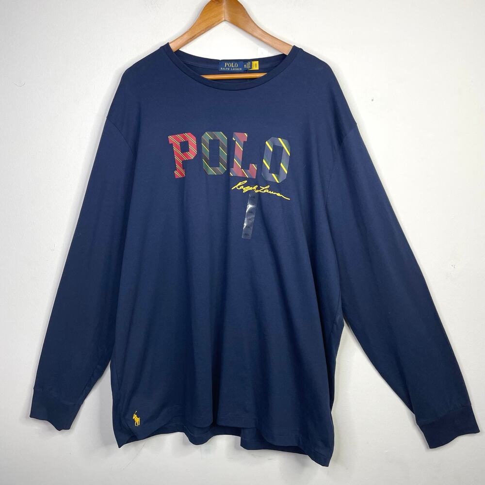 Polo Ralph Lauren Navy Blue Logo Rugby Stripe Spellout Long Sleeve T Shirt XXL